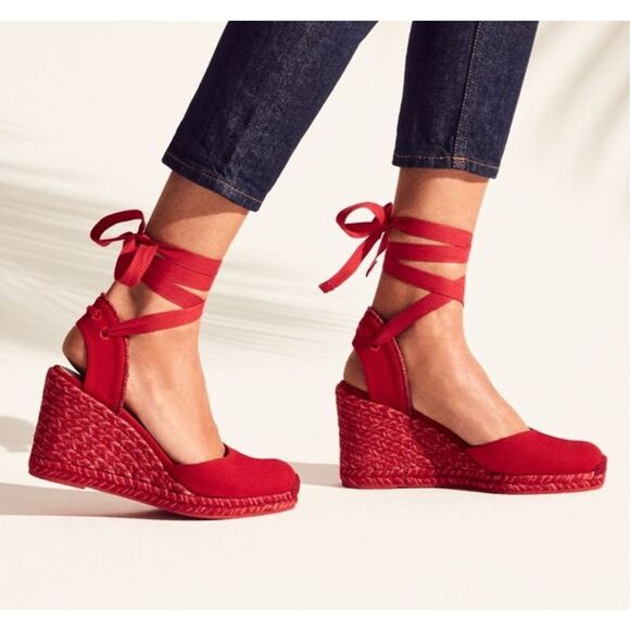 Stuart Weitzman Marguerita Canvas Espadrille Wedge Red Ankle Wrap Sandals Siz 10 - Picture 13 of 13